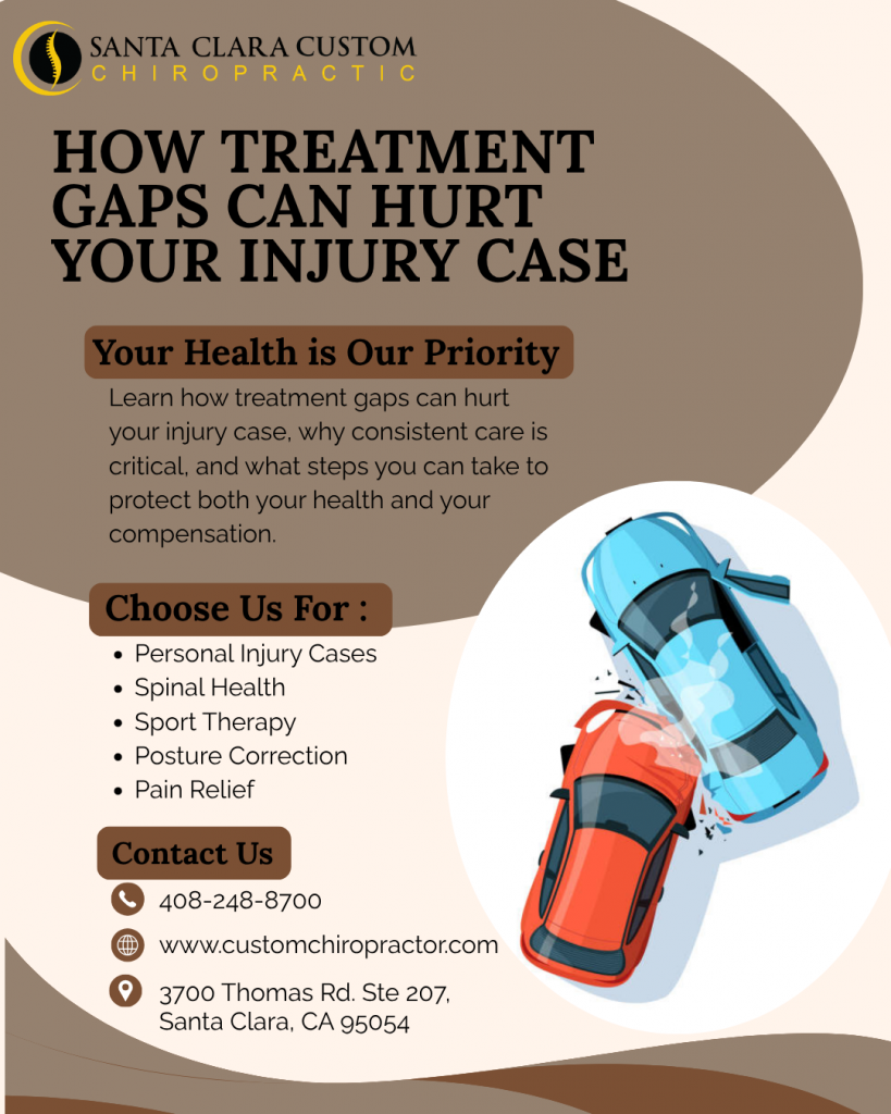 Chiropractic infographic explaining how treatment gaps can hurt your injury case, featuring car accident illustration and Santa Clara Custom Chiropractic contact information.