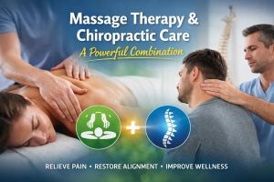 Massage therapy and chiropractic care shown together, with a massage therapist working on a patient’s back and a chiropractor performing a neck adjustment, highlighting pain relief, spinal alignment, and overall wellness