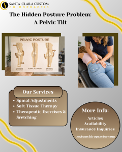 Promotional graphic for Santa Clara Custom Chiropractic titled “The Hidden Posture Problem: A Pelvic Tilt.” The image includes a diagram labeled “Pelvic Posture” showing posterior pelvic tilt, normal alignment, and anterior pelvic tilt, alongside a photo of a chiropractor performing a lower back adjustment on a patient lying face down on a treatment table. Text highlights services including spinal adjustments, soft tissue therapy, and therapeutic exercises and stretching, with additional information about articles, availability, insurance inquiries, and the website customchiropractor.com.