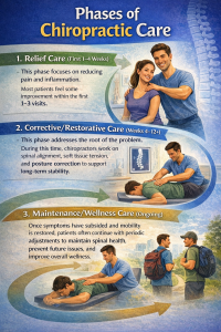 "Phases of chiropractic care infographic showing Relief Care, Corrective Care, and Maintenance Care with illustrations of patients and chiropractors."